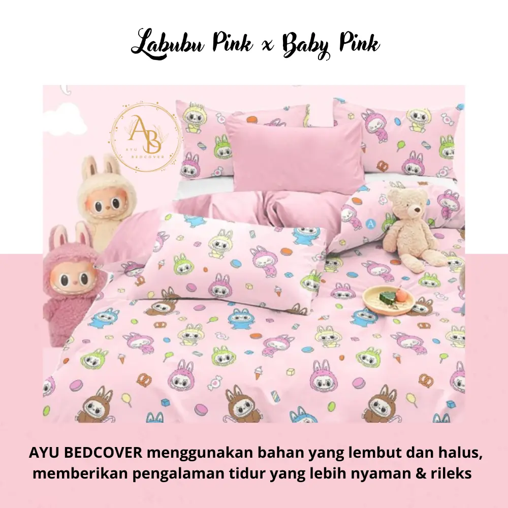 Bed Cover Set Motif Karakter Anak Labubu Pink x Baby Pink 90x200 - 200x200 - Ayu Bedcover