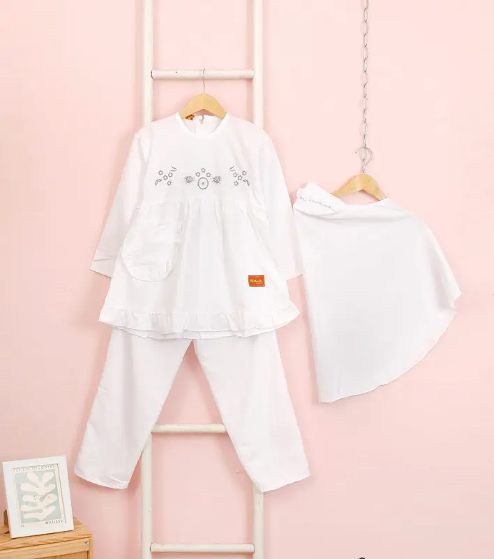 Setelan Baju Muslim Putih Anak Perempuan // Baju Putih Manasik Haji Katun Bordir Variasi Celana Kerudung Sekolah Jilbab Syari Gamis Gamis Kombinasi baju  manasik 2