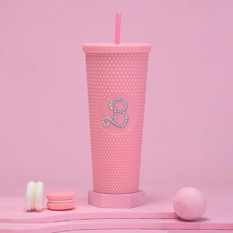 Product Introduction of [Pisuz Way]Barbiee pink B-letter diamond inlaid, Double layer plastic water cup,  straw water bottle,Barbie 65th Anniversary 2