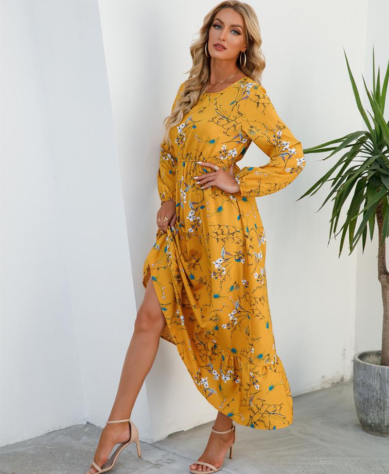 Product Introduction of Cross-Border Foreign Trade Spring and Autumn Floral Chiffon Dress Waist-Controlled Slimming Long Sleeve round-Neck Long Printed Dress Women's 29