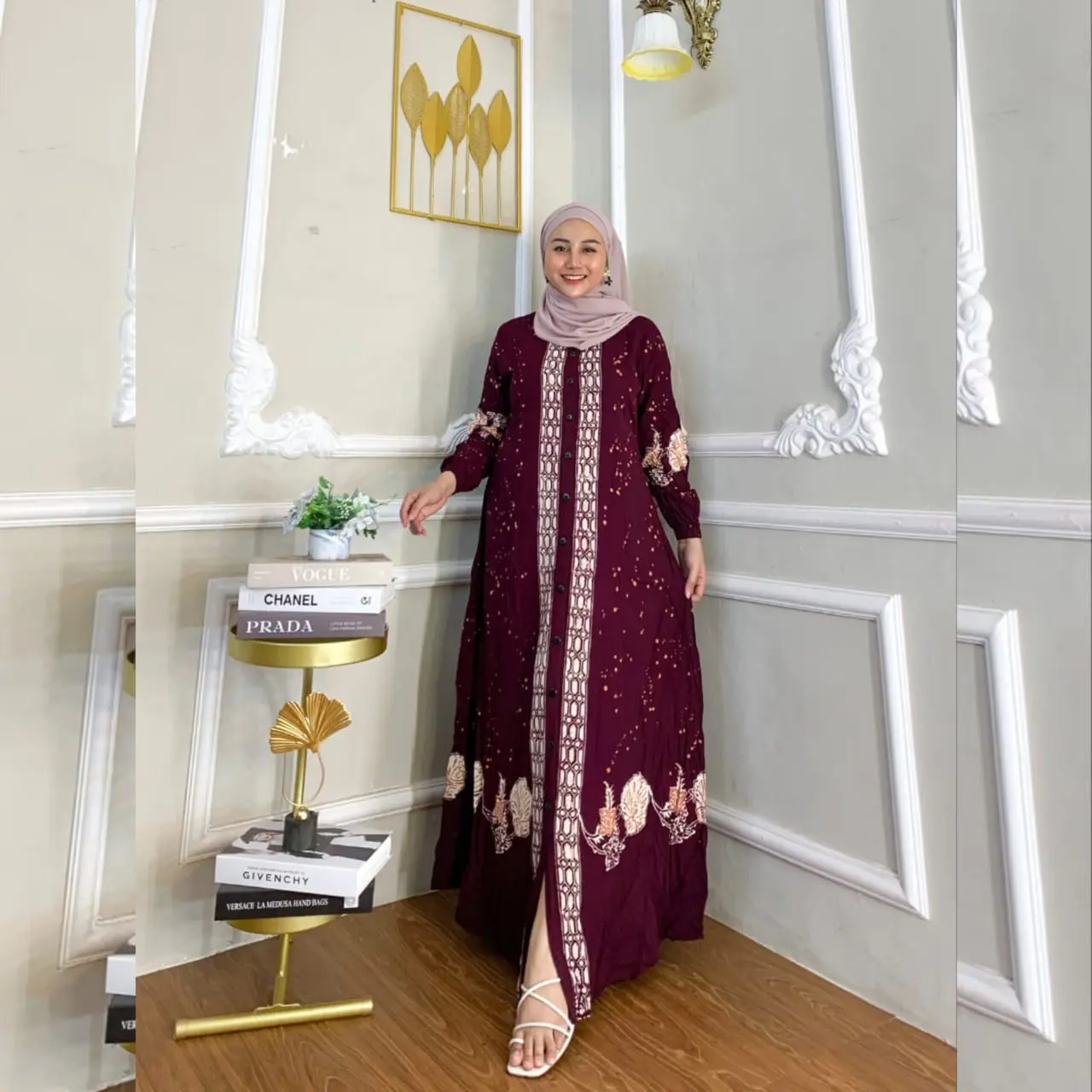 Naya Batik - Gamis Twill Ori Pekalongan Cap Malaman Motif Bukan Sablon Dress Muslim Wanita Tanpa Rempel Lengan Karet Full Kancing Tali Samping