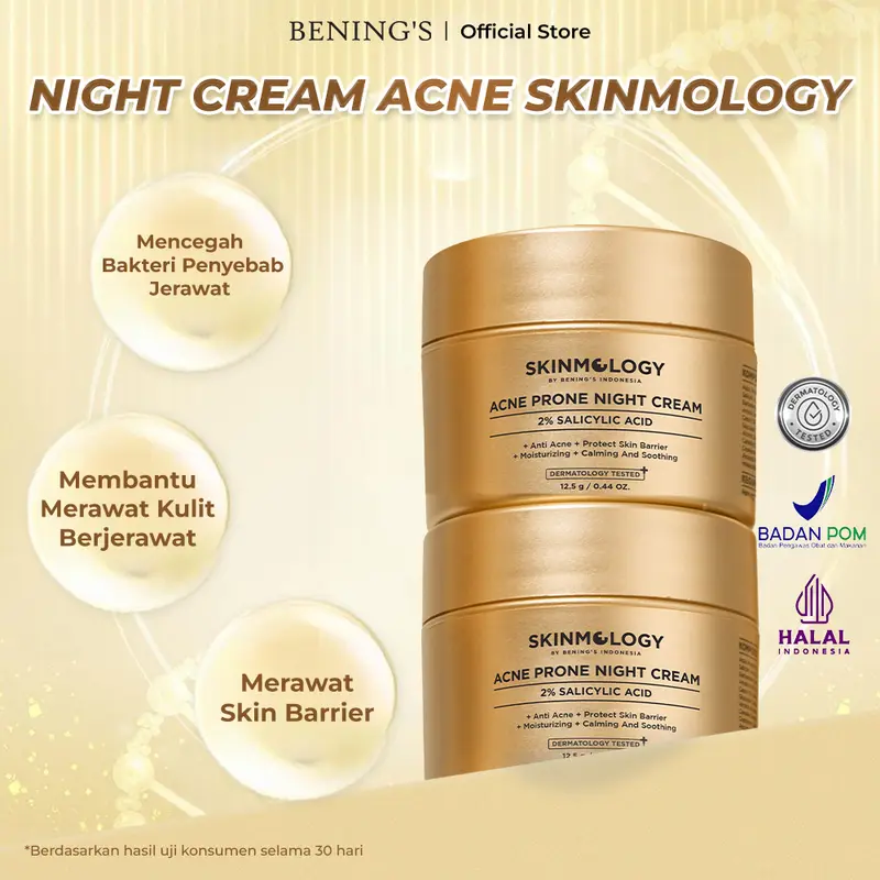 Night Cream Acne Prone Expert Series Skinmology by Bening's Indonesia Exclusive Mengatasi Mencerahkan Untuk Kulit Wajah Berjerawat Menghilangkan Beruntusan Bekas Jerawat Meredakan Jerawat Facial Perawatan Muka Treatment Menyembuhkan Memudarkan 2
