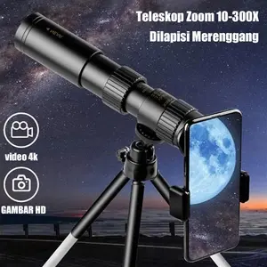 Monokuler Zoom Standar 10-300x40 Berlapis FMC + Tripod + Klip Foto Teropong Camping Teleskop Zoom 10-300x Dilapisi Merenggang Prisma BAK4 Kualitas Tinggi Tahan Air