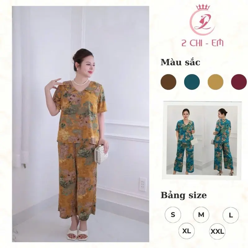 MS03 Đồ Bộ Trung Niên, Áo Cổ Nút,, Quần Suông 9 tấc, Vải Luạ Nhập cao cấp Nữ Women Top Jacket 0