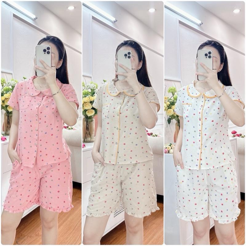 (Châu)Bộ đùi cổ sen viền 1 túi chất đũi mềm hoạ tiết chấm bi