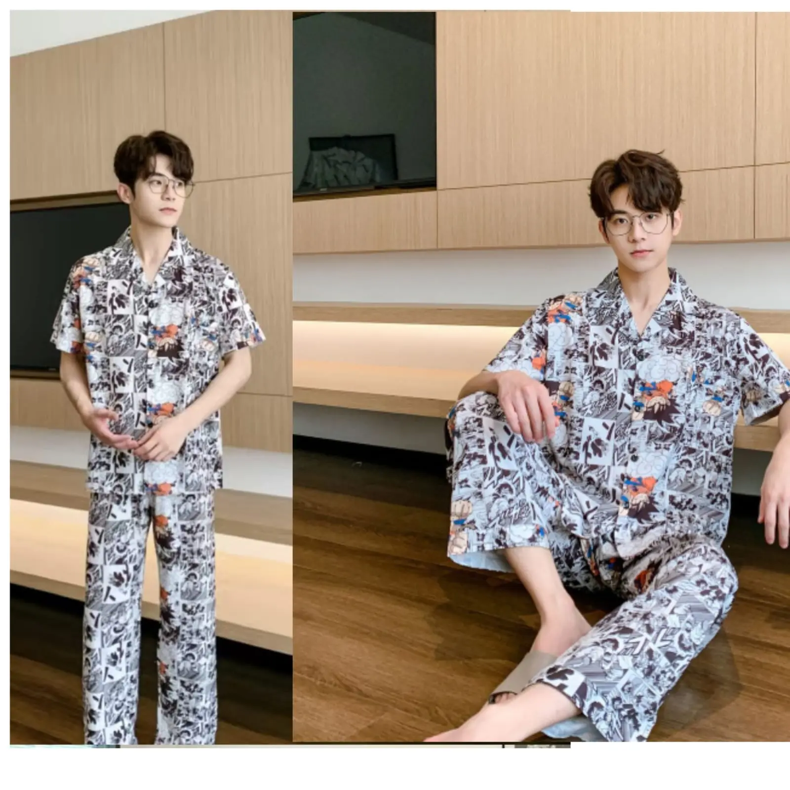 Piyama Cowok dewasa Kerah Kancing Full Bahan Katun Tissue Licin Halus Baju Tidur Cowok Cp Kerah Motif Unik