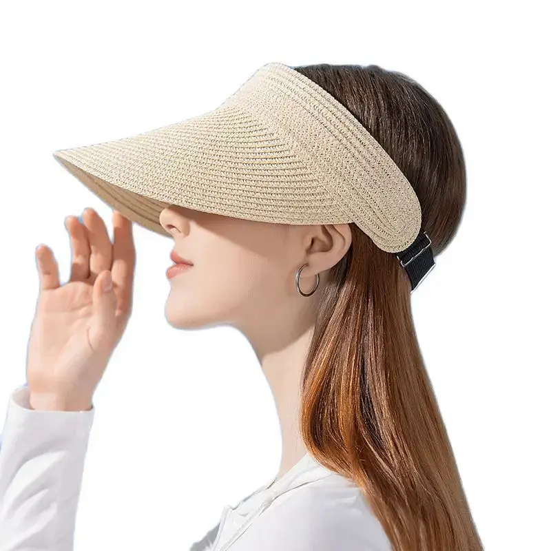 UPF50 + Wide Brim Visor Hat for Women Straw Beach Sun Visor Foldable Ponytail with UV Protection