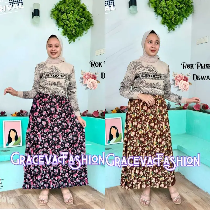 Rok Plisket Motif Daily Wanita - Rok Plisket Payung Panjang Koran Style 8