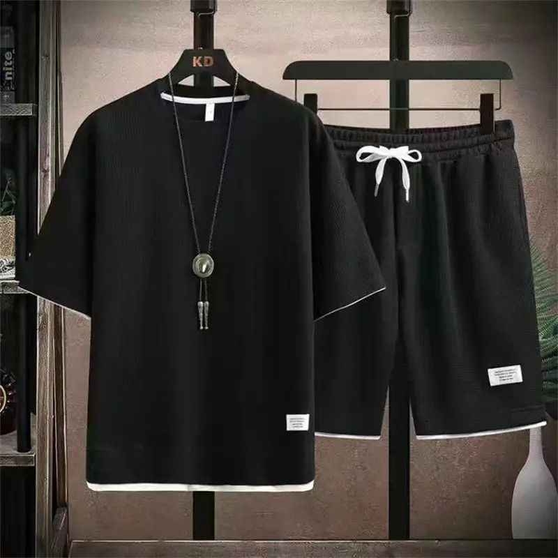New fashion Waffle casual suit couple trend big size Hong Kong style men's five point pants short sleeve fake two sets