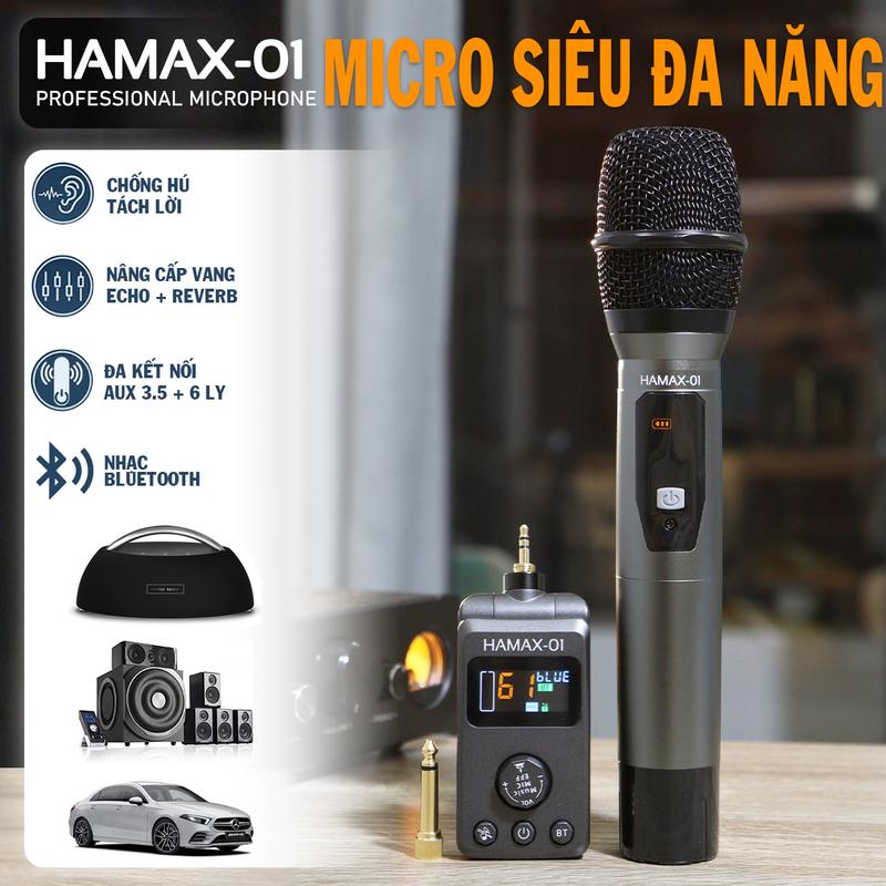 Micro karaoke HAMAX đa năng Không dây - Micro đa năng cao cấp hát mọi loại loa hãng và xe hơi kết nối Bluetooth
