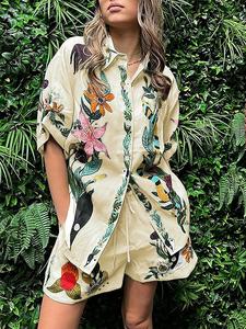 Conjunto de dos piezas para mujer con estampado floral, camisa casual y shorts, ropa de verano cómoda y elegante, perfecta para actividades diarias