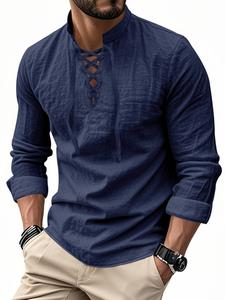 Camisa Henley de lino para hombre de color sólido con manga larga, nueva; estilo hippie casual para la playa con cuello alto; top de moda.