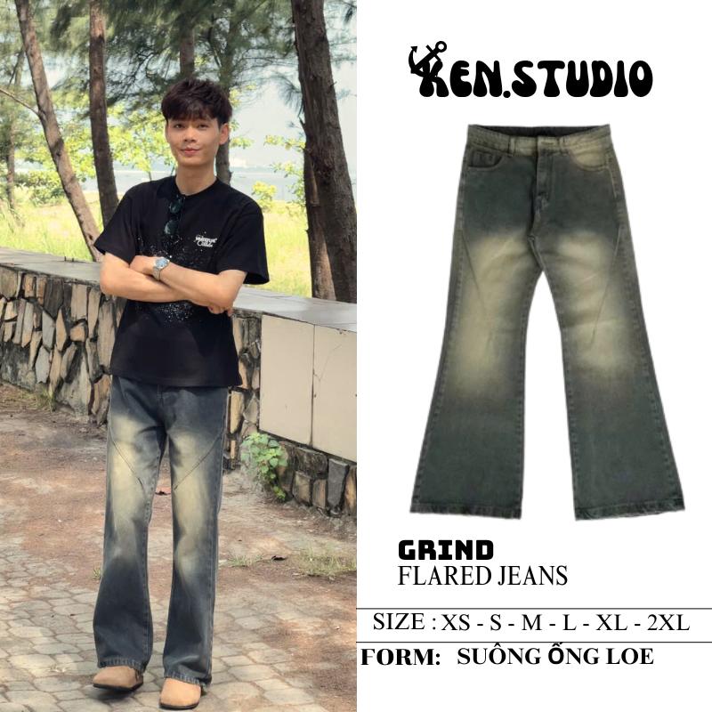 [ MỞ BÁN BST HÈ ] GRIND JEANS WASH -  Quần jean Suông Wash loe Gấu gân chéo cá tính KEN.STU phong cách Vintage Unisex Nam, Nữ