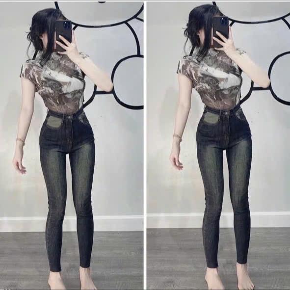 MÃ D014 : 40-70kg Quần jeans nữ ống ôm co giãn lưng cao 1 nút màu xanh rêu bụi thời trang siêu hack dáng YẾN LINH SHOP. YẾN LINH SHOP