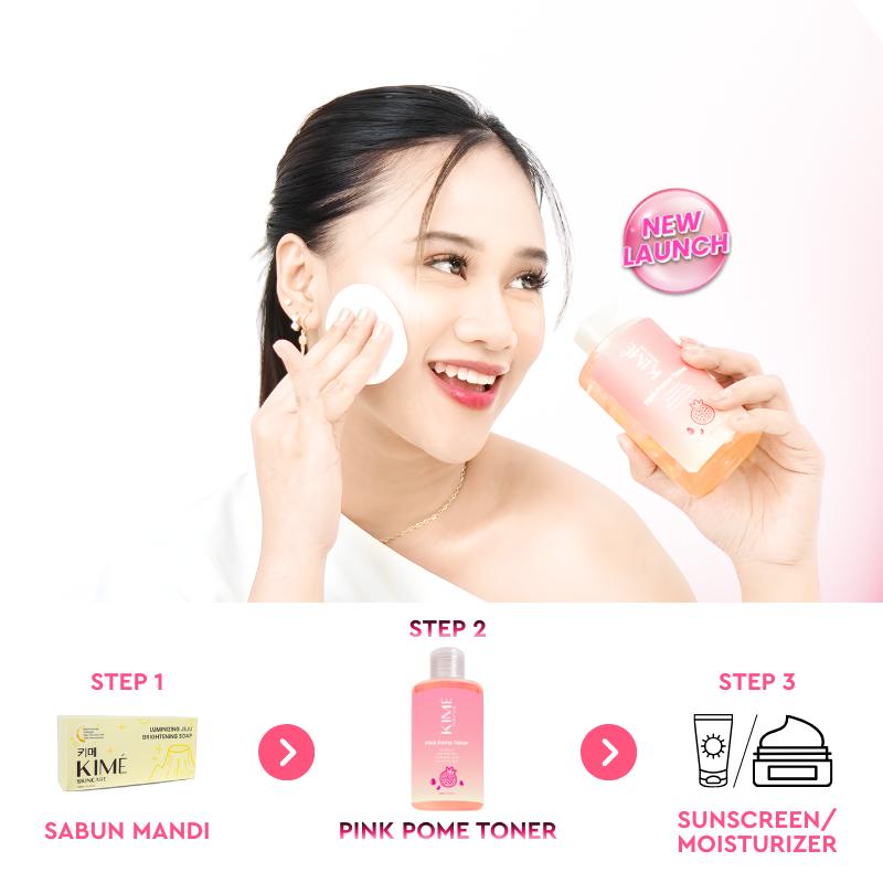 [BUY 2 GET 5] KIME LUMINIZING JEJU BRIGHTENING SOAP 200GR + [NEW] PINK POME TONER 270 ML + FREE COTTON PADS + JARING SABUN | Paket Sabun Mandi Pemutih Badan Toner Pencerah Wajah Exfoliasi Pencerah Tubuh Kulit Kusam Flek | Niacinamide AHA BHA PHA Phantenol