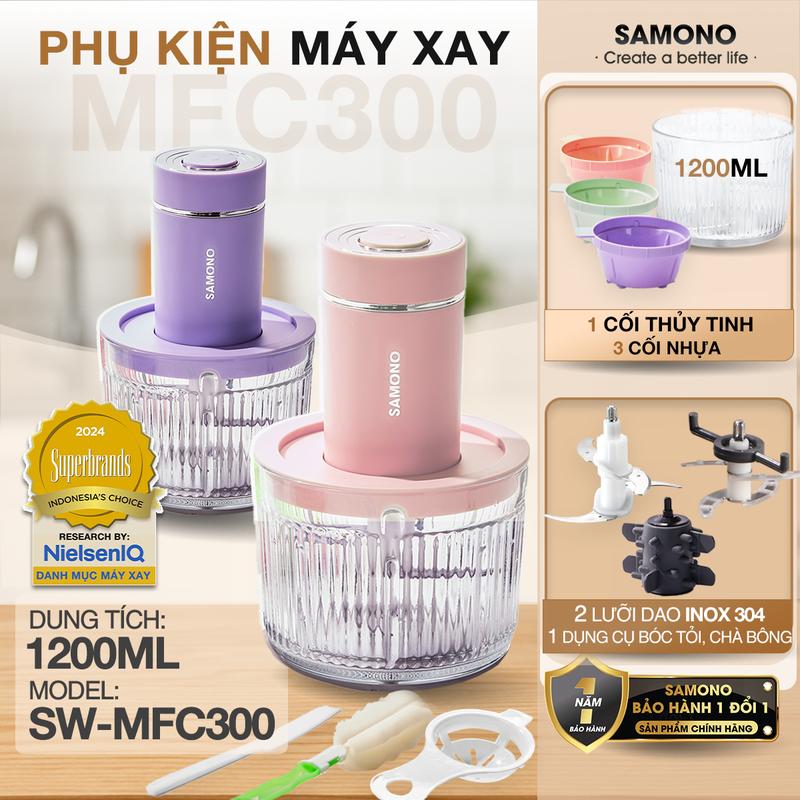 (BH 1 năm) Máy xay thực phẩm đa năng Samono SW-MFC300 1.2L - xay thịt có kèm dụng cụ bóc tỏi, cối thủy tinh dao inox304, tặng kèm 3 cối mini màu macaron dễ thương