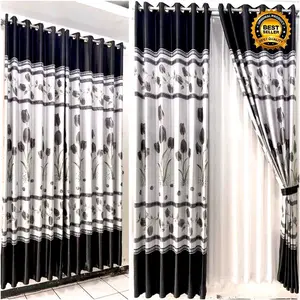 Gorden Embos Tulip Motif Bunga Hitam Putih Kualitas Terbaik untuk Ruang Tamu dan Kamar Tidur Jendela dapur