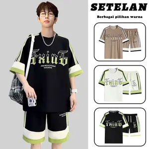setelan olahraga pria baju dan celana one set ootd pria set hitam/putih/cokelat kekinian casual loose outfit cowok 1 set Keren Atasan Pendek outfit  skena