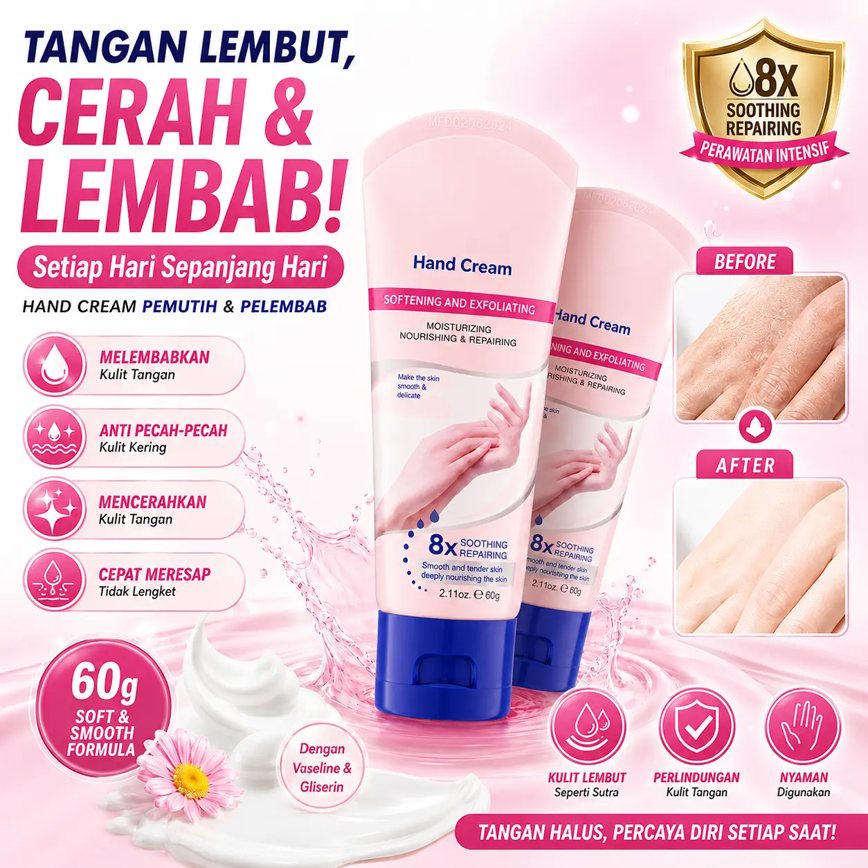 Hand Cream 60gr Pemutih Pelembab Hand Cream Tangan Krim Pelembab Tangan Anti Keriput Kering dan Pecah Pecah