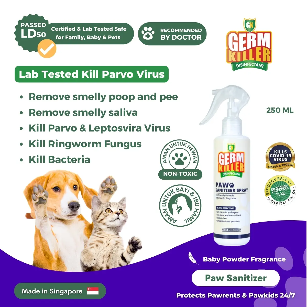 Germ Killer Hand Sanitizer hospital grade aman untuk hewan bebas virus untuk Anjing atau Kucing