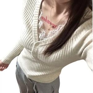 Áo Dệt Kim Dài Tay Ren Cổ Chữ V, Dành Cho Nữ, Vừa Vặn Mỏng Vừa Vặn, Áo Cánh Thường Ngày Trang Phục Hàng Ngày Thanh Lịch, Thích Hợp Cho Mùa Thu Và Mùa Đông, Hàng Mới Về, 8770