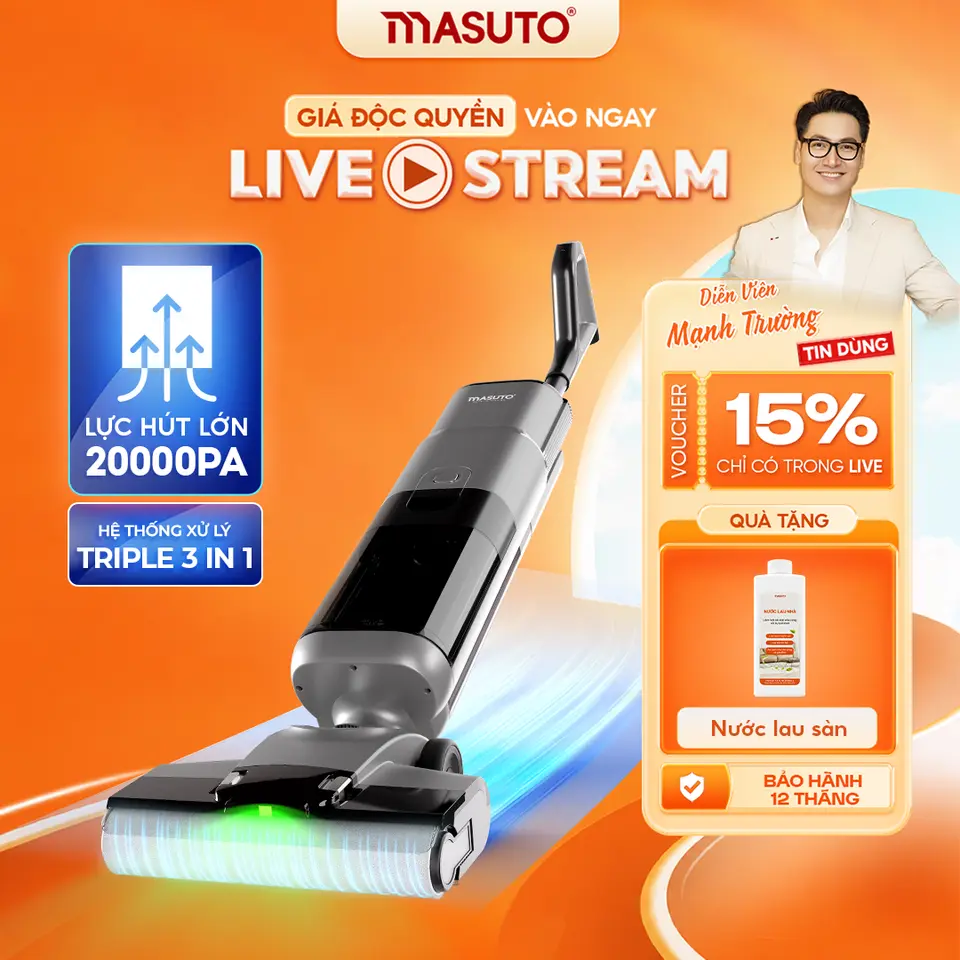 Máy hút bụi lau nhà không dây cầm tay Masuto PowerSlim phiên bản Space Titanium | Lực hút 20.000Pa, Tự giặt sấy 1 chạm