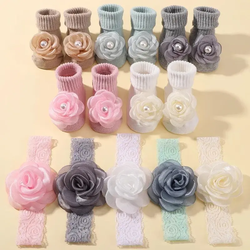1 Set Sweet Lace Rose Flower Baby Socks Hair Band Set Infant Toddler Non Slip Breathable Short Socks Newborn Headband Sets Gift 7