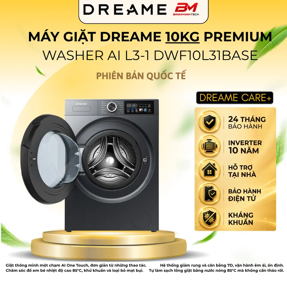 Máy Giặt Dreame Premium Washer AI One Touch - DWF10L31BASE 10kg - công nghệ giặt 4D, giặt đồ trẻ em, động cơ DD Inverter,