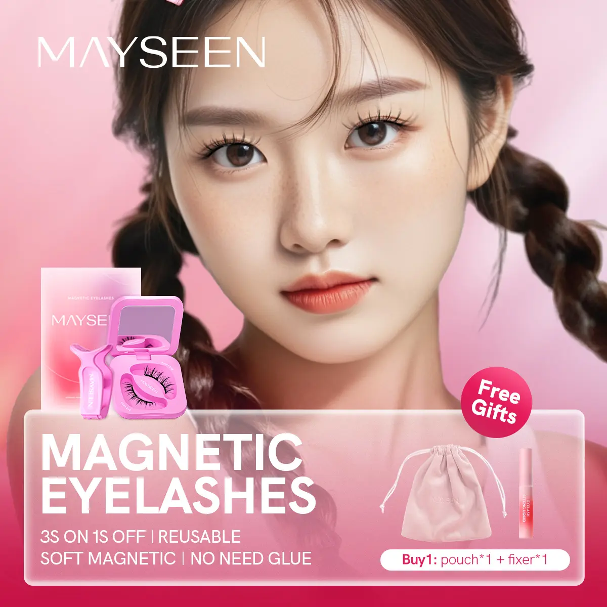 Mayseen magnetic eyelashes All series|Reusable Magnetic Eyelahses|No need glue |Long lasting|Buy 1: pouch + fixer| Buy 2: pouch + fixer*2+eyebrow pencil Buy 3: pouch + fixer*3+eyebrow pencil+curler