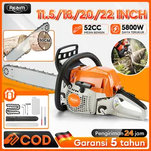 REAIM Mesin Potong Kayu 52CC 20inch Chainsaw 2Tak Untuk Gergaji Mesin Alat Outdoor Mesin Gergaji Kayu Gergaji Potong Pohon Kayu Motor Oli Pengukur Pompa Rantai Tabung Untuk Kayu Keras & Perkebunan Kelapa Sawit Cocok untuk Daerah Basah & Hujan