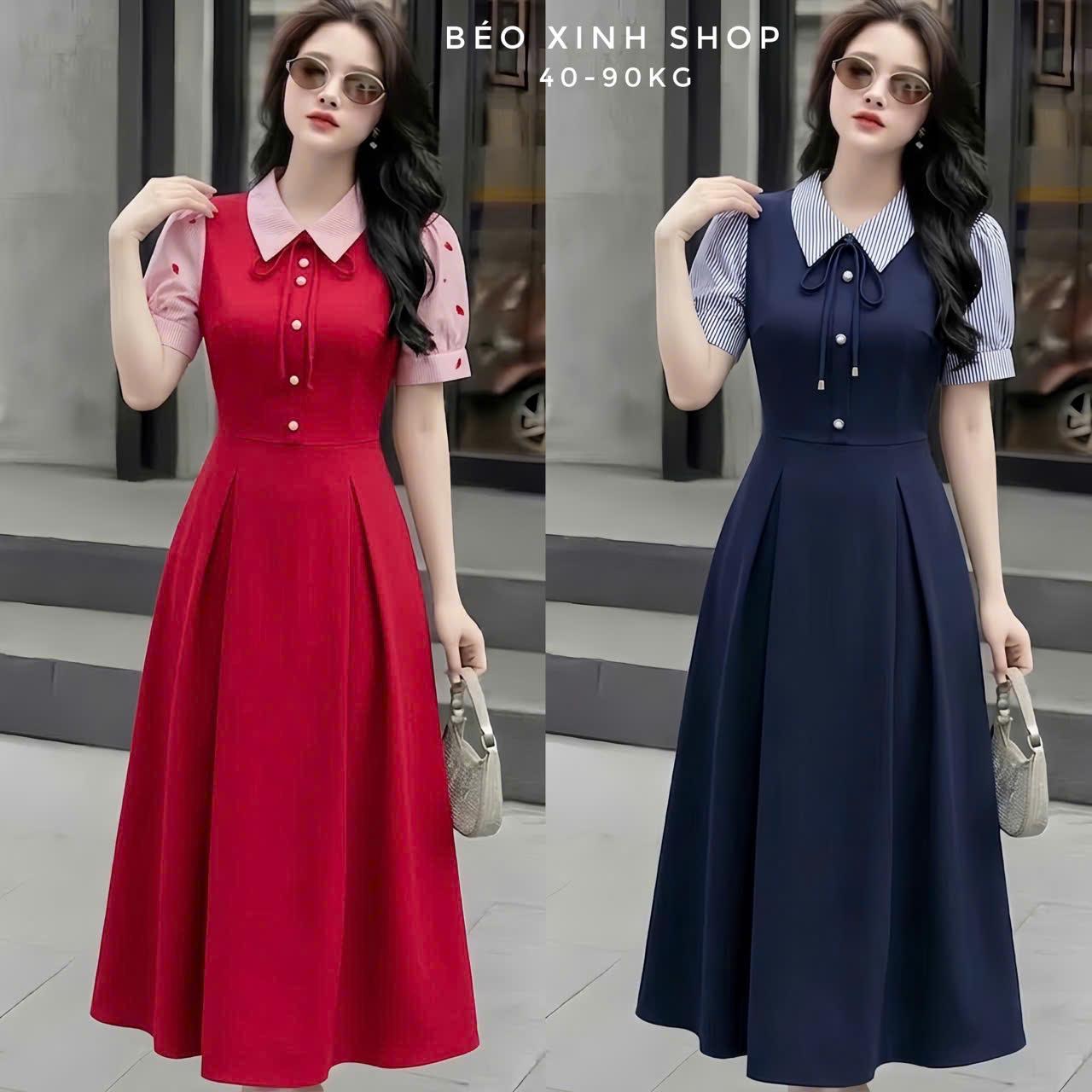 Váy Dự Tiệc Nữ Thiết Kế Cổ Sơ Mi Phôi Tay Sọc Nơ Vải Cotton Lạnh Phối Sọc Cao Cấp Thanh Lịch Sang Trọng Cho Các Nàng Bigsize 40–90kg Thời Trang Nữ Béo Xinh Shop - A.1705