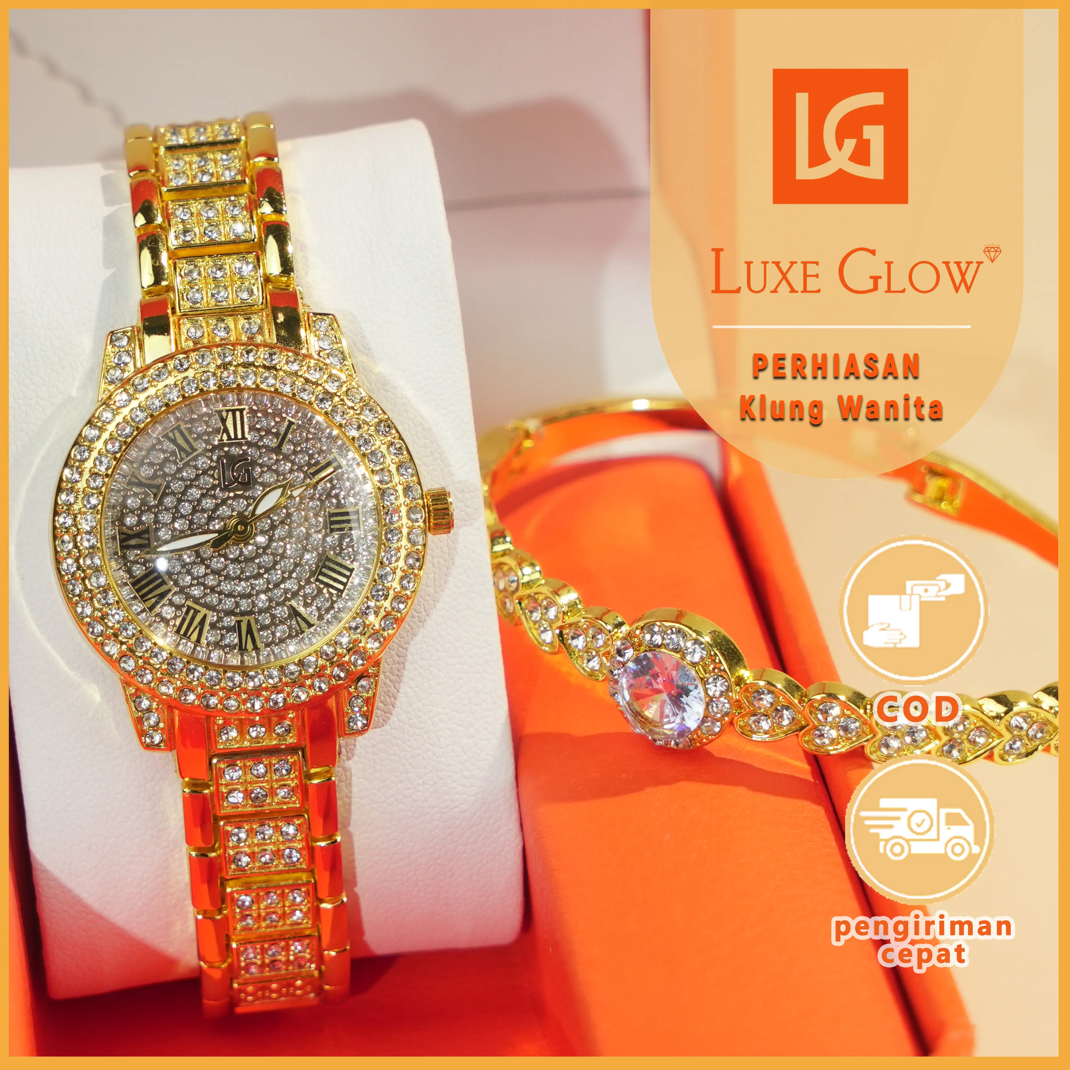 LuxeGlow COD 【Tidak luntur】Beli jam tangan dapat gelang. Jam tangan wanita dengan berlian kecil warna emas berkilau. Dengan tali asli. Elegan dan mulia. Berbentuk cakram. Tahan air.