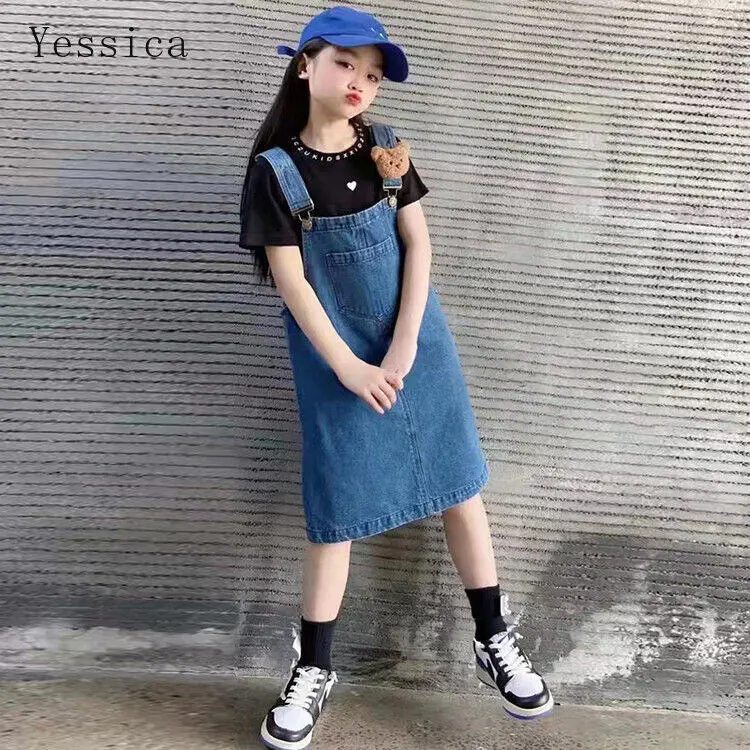Váy Hai Dây Cho Bé Gái, Váy Yếm + Áo Thun Ngắn Tay, Váy Denim Cho Bé Gái, Bộ 2 Món 3