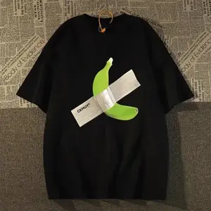 Kaos lengan pendek tebal 100% katun Amerika untuk pria dan wanita, atasan longgar serbaguna motif pisang pita mvqxojpfofn