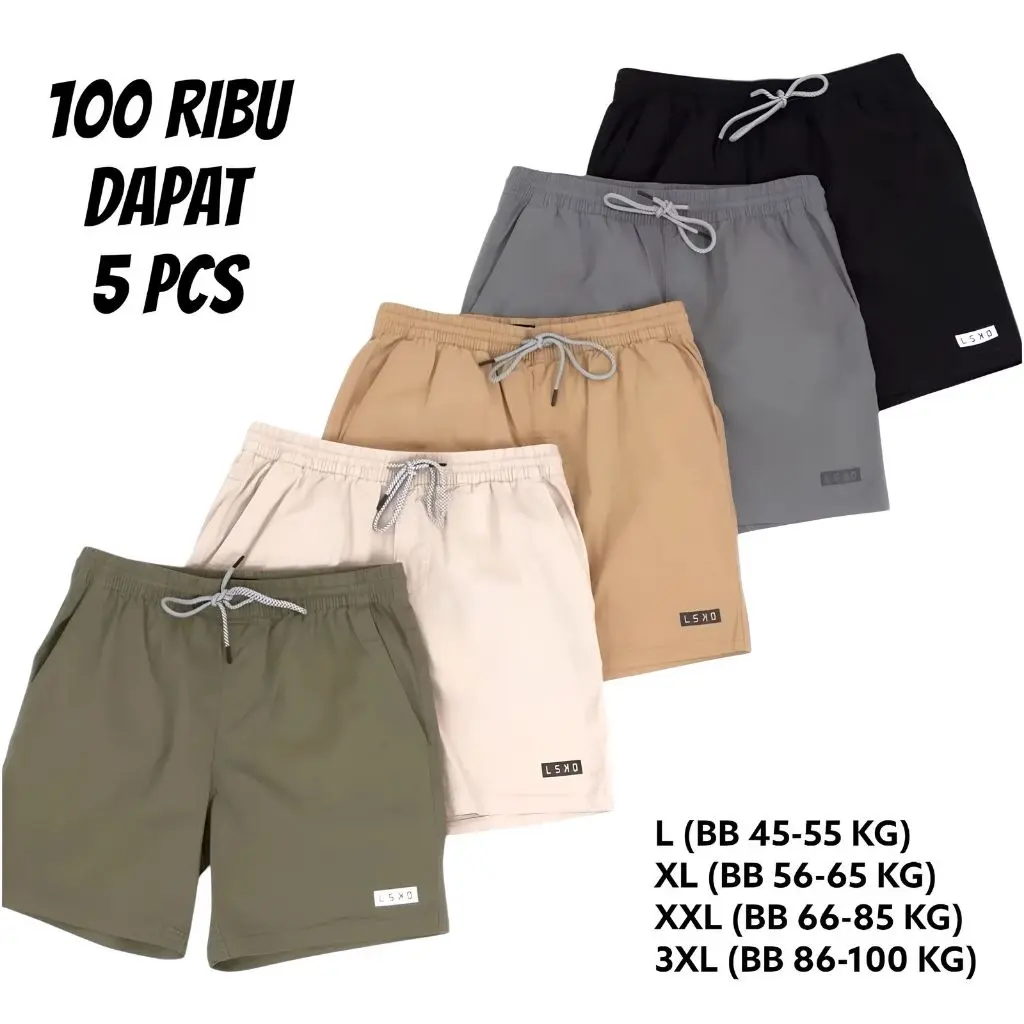 (100 Ribu dapat 5) Celana Pendek Pria Boardshort Bahan Katun Twill Chinos Style Distro Santai, Size M-L-XL-XXL, Warna Hitam Abu Coklat Cream Mocca Army
