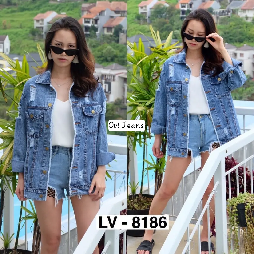 OVI - Jaket Jeans Oversize Sobek - Jaket Jeans Wanita Jumbo