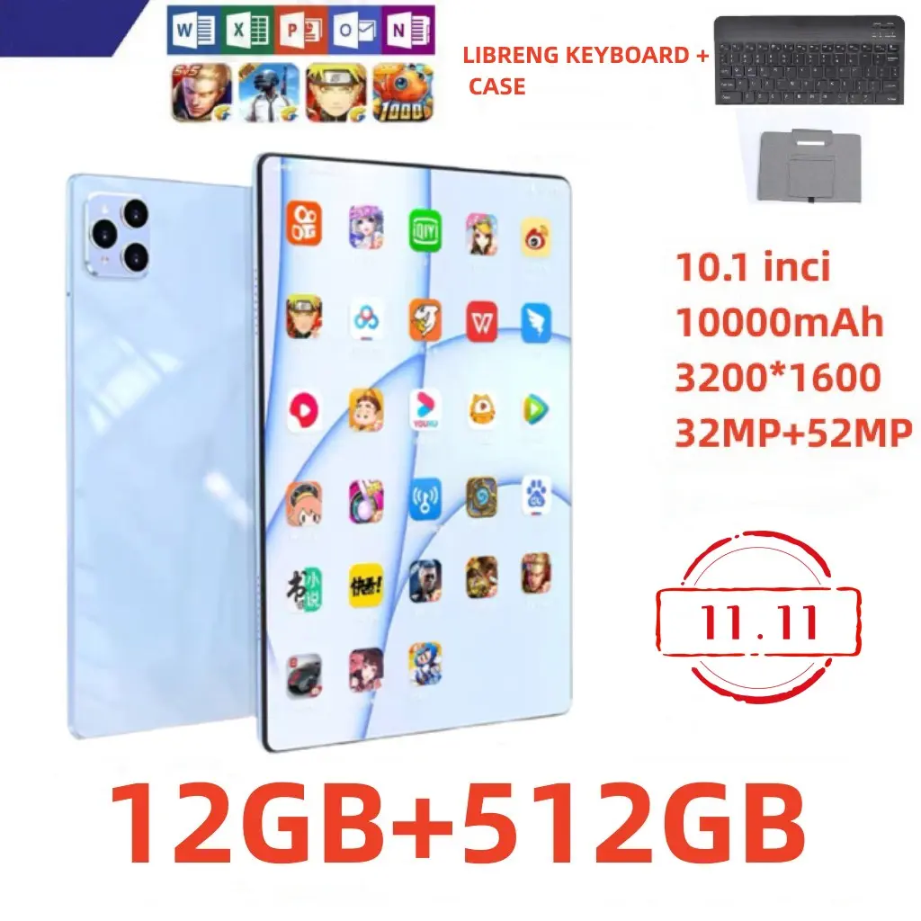 Tablet PC HanZhong 2024 Pro 10.1 Inci RAM 12GB ROM 512GB Layar 1600x3200 Wifi 5G Game Perangkat Lunak Perkantoran