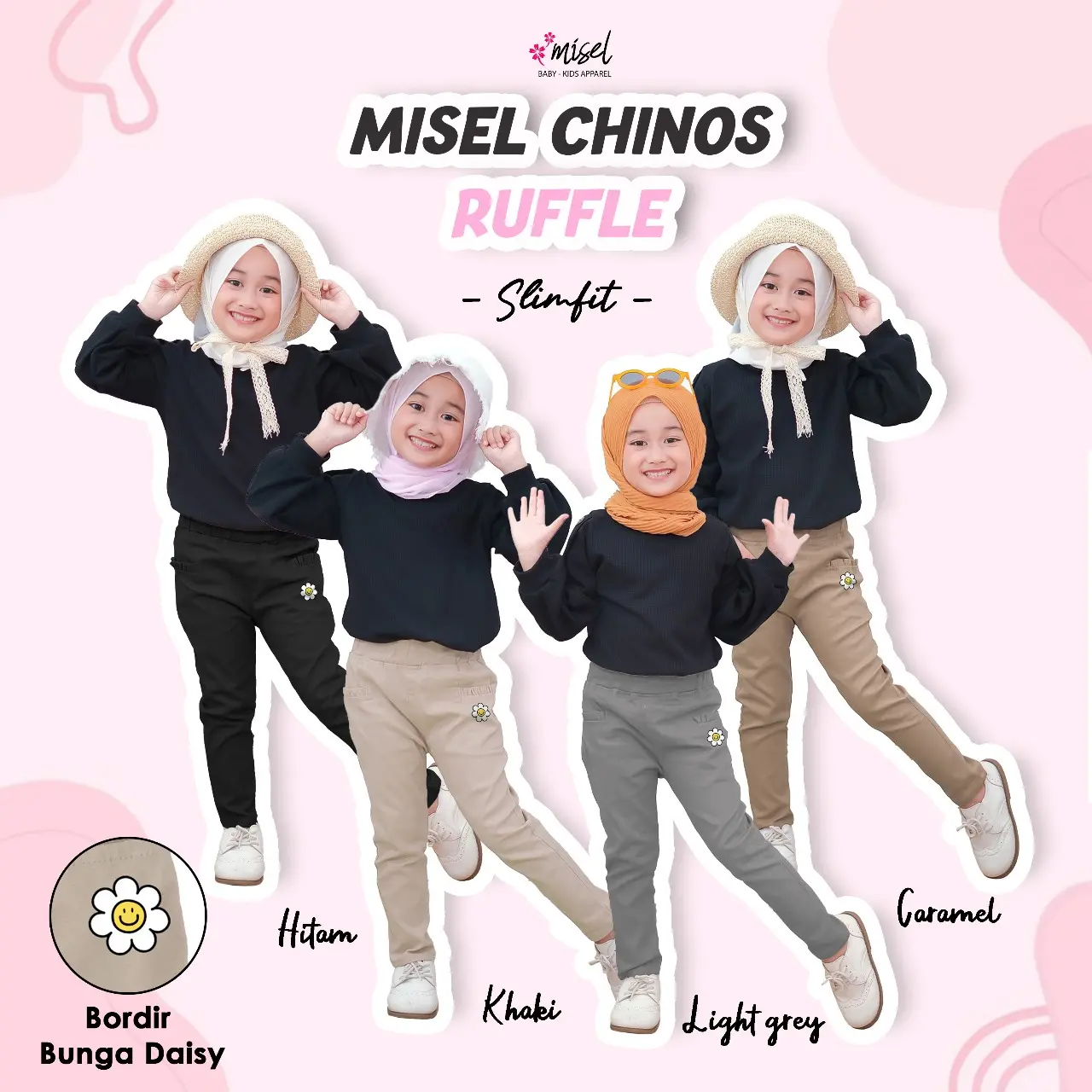 Celana Chinos Panjang Ruffle Anak Perempuan Bordir Bunga Daisy Estimasi 1-13 Tahun