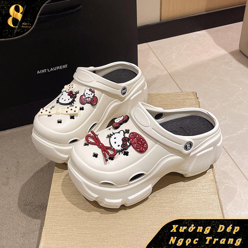   Dép kèm set charm  HELLO KITTY ĐỎ hình cá mèo giày có quai hậu chất liệu nhựa Eva nguyên khối siêu kèm sticker 