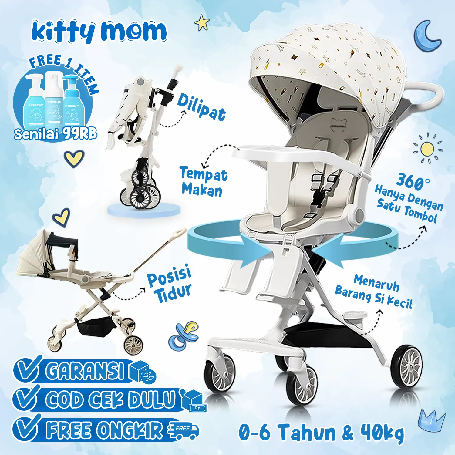 Kitty Mom - Stroller Bayi Balita Anak Travelling 2 Arah Newborn Premium Dapat Dilipat dan Berbaring Dorong Cabin