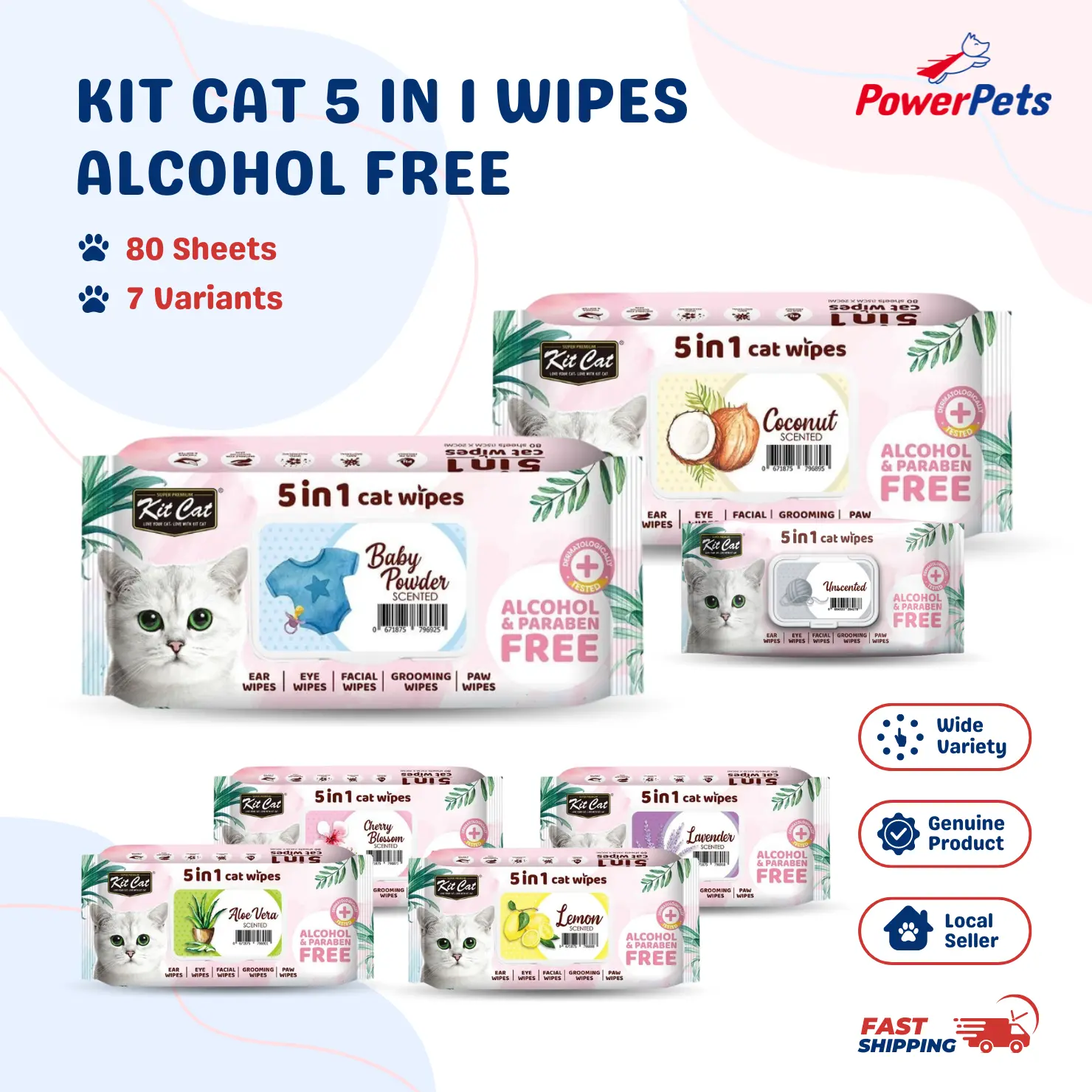 Kit Cat 5 in 1 Wipes 80 Sheets Paraben Free Alcohol Free Hypoallergenic Gentle Formula Grooming Fur Paw Cleaning Wipes