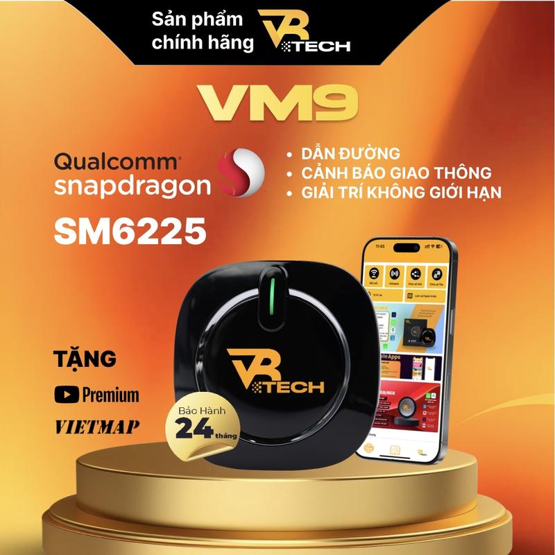 Bộ Android Box VRTECH VM9 2025 Chính Hãng Định vị xe CPU 8 Nhân QCM6225 Android 13 cho ô tô,Tặng Youtube Premium và Vietmap