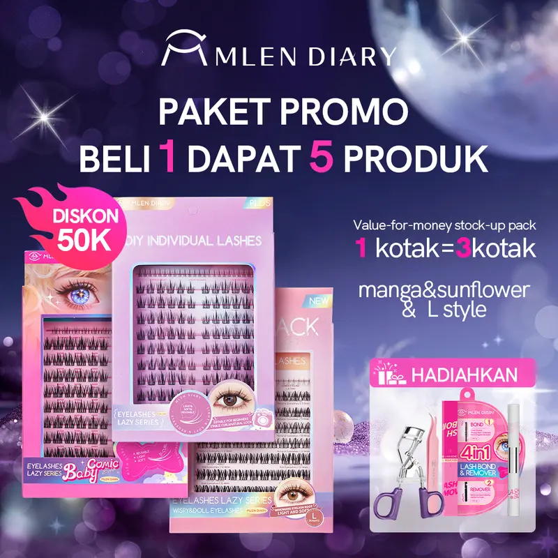 【BELI 1 DAPAT 5 】MLEN DIARY Bulu Mata Set Kombinasi Bulu Mata Terlaris, Paket Hadiah Diskon, Sunflower,Baby Comic,3IN1Bulu Mata lash bond dan remover+penjepit bulu mata 0