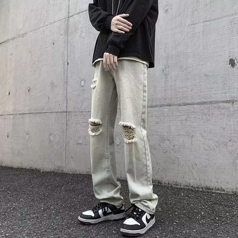 Celana Gombrong Panjang Jeans Pria Sobek Baggy Kulot Ripped Denim Pants Cowok Biru Muda - Fit loose