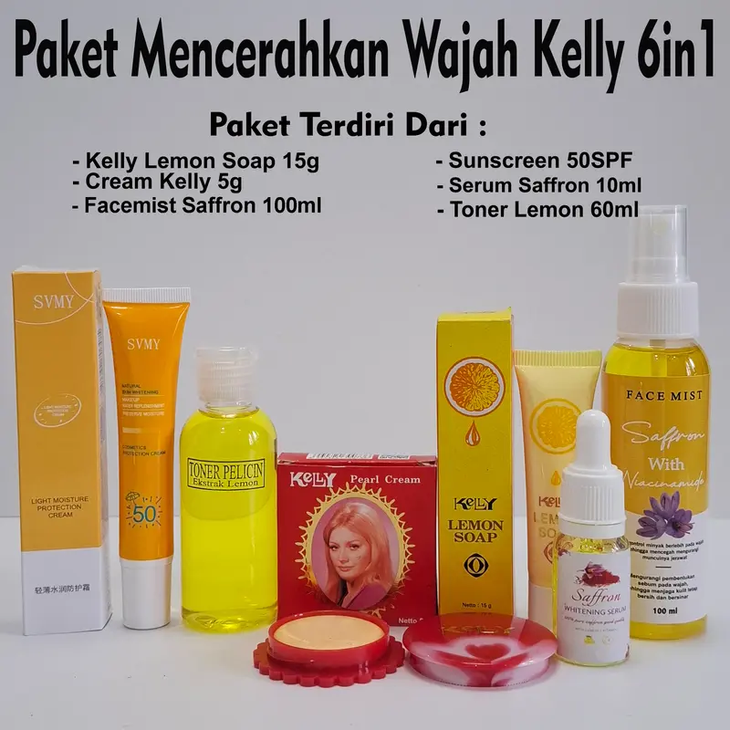 Paket Cream Kelly 5gr + Lemon Soap 15gr + Facemist 100ml + Serum Saffron 10ml + Sunscreen  50 SPF + Toner Lemon 60ml 0