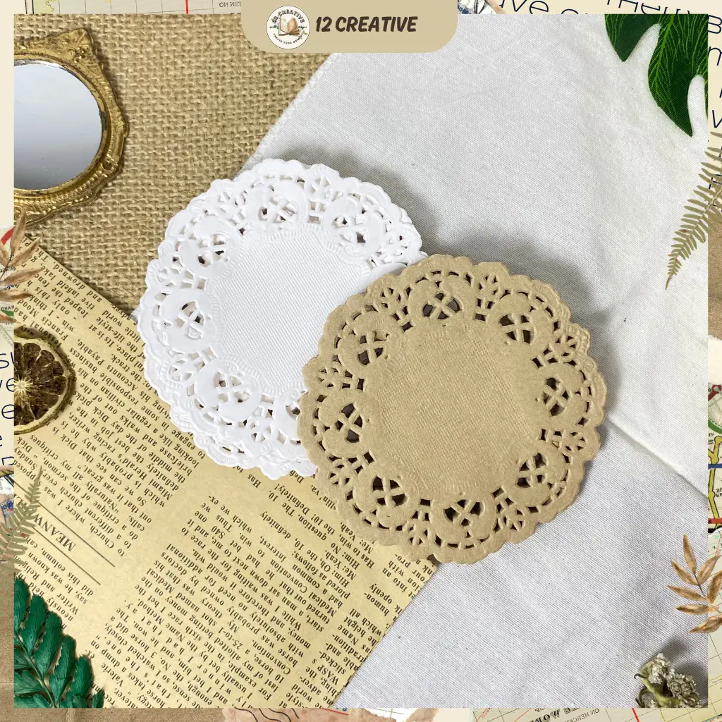 [12 Creative] Kertas Renda Doilies White Brown 3.5 inch 10 Lembar Kertas Alas Renda Kertas Doylyes