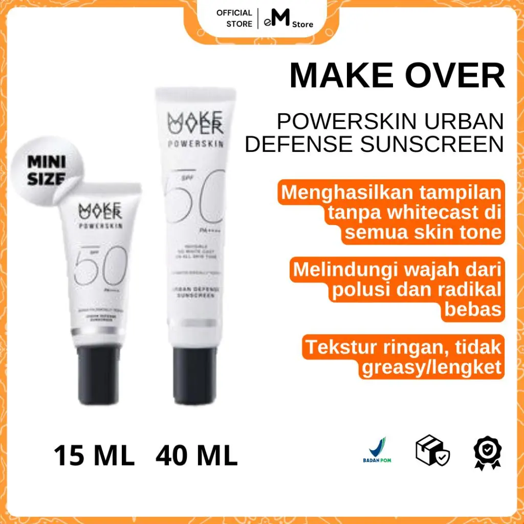 MAKE OVER - POWERSTAY URBAN DEFENSE SUNSCREN 15ML | Proteksi UVA UVB SPF50 PA++ invisible BPOM