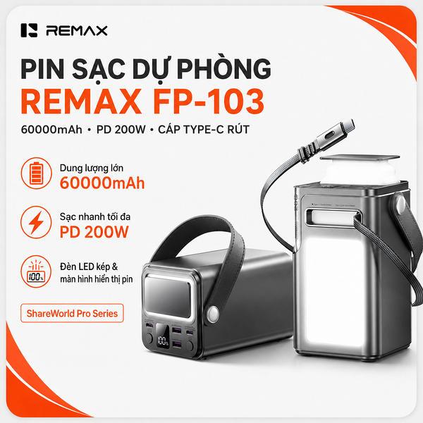 Pin Sạc Dự Phòng REMAX FP-103 60000mAh 200W, Cáp Type-C Rút, Đèn LED, Màn Hình Số