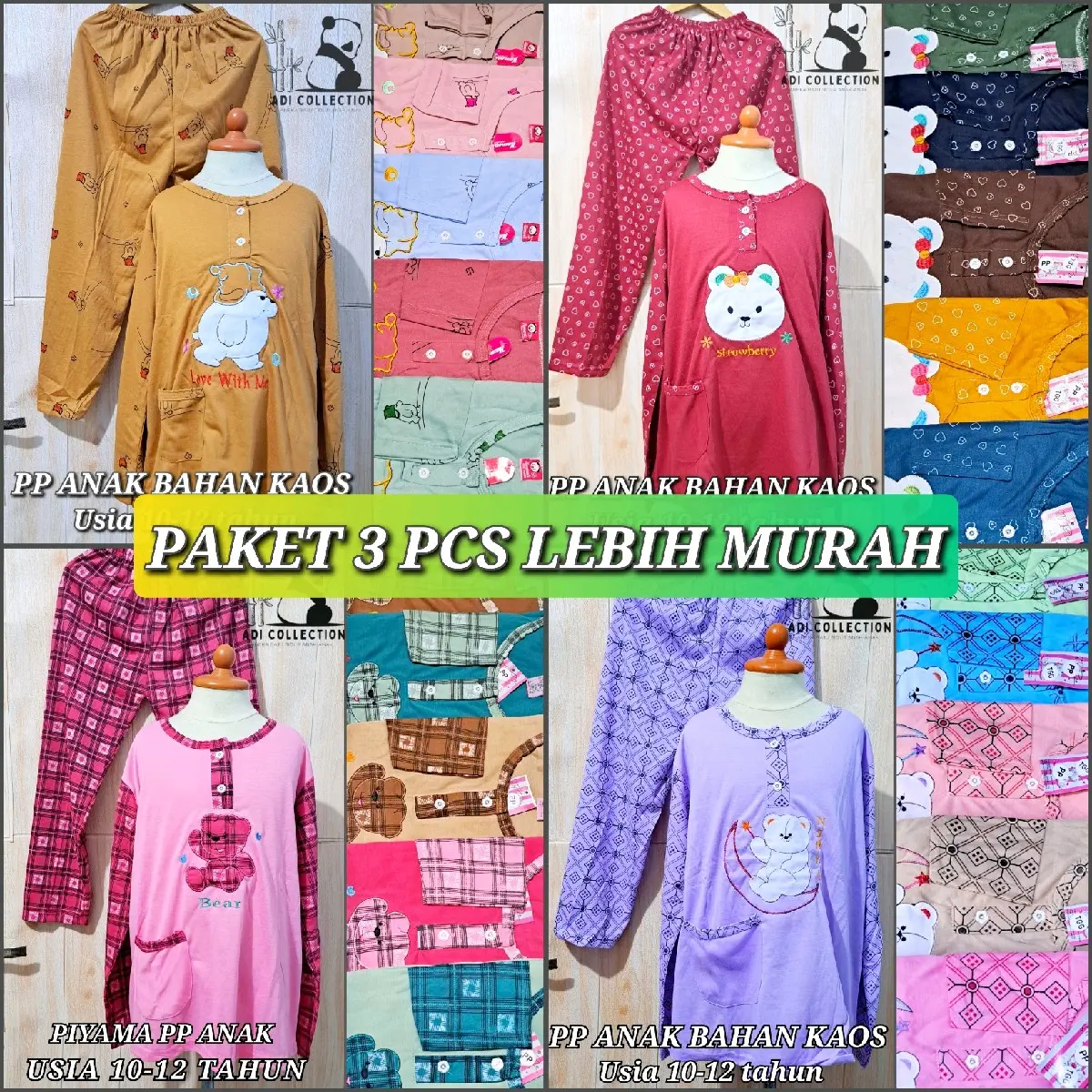 PAKET 3 PCS BAJU TIDUR ANAK UMUR 10 - 12 TAHUN / PIYAMA ANAK / BABYDOLL SETELAN LENGAN PANJANG CELANA PANJANG / ANAK TANGGUNG