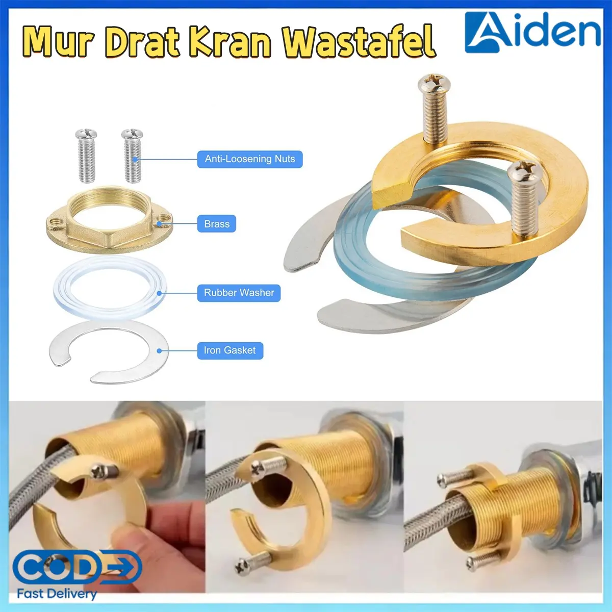 Set Baut Kran Cuci Tangan Drat, Bahan Baja Tahan Karat 304 Dan Kuningan Tipe Ring Lock Mur, Baut kran wastafel,Nepel keran,set mur drat pengunci baut kran panas dingin